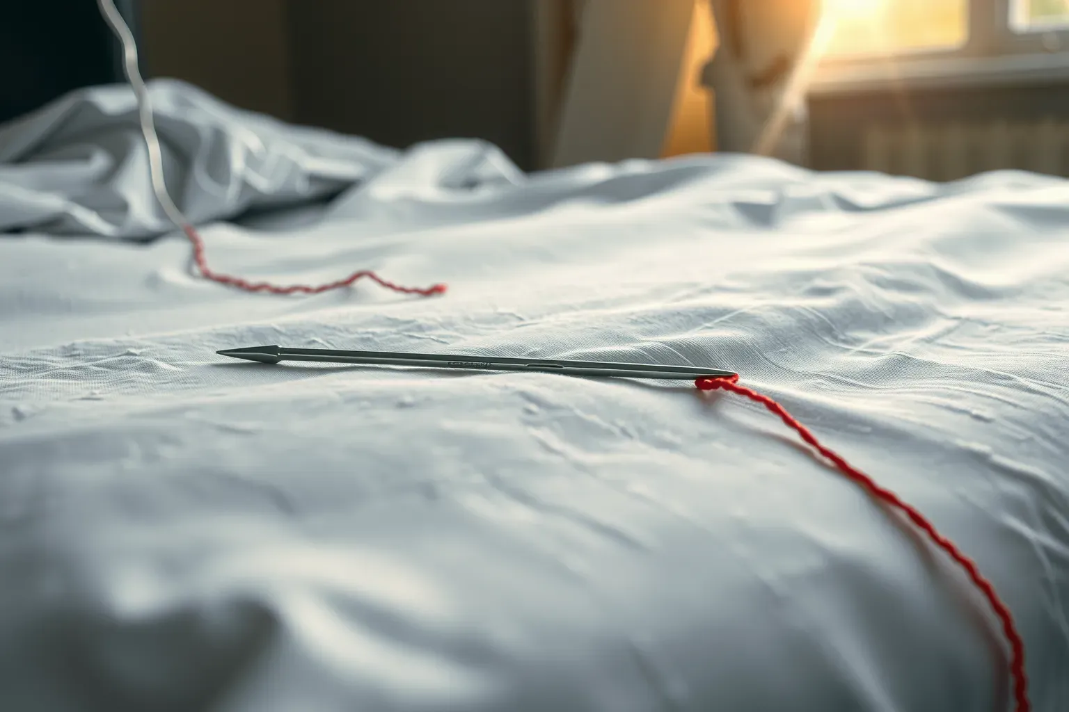 A sewing needle threaded with red cotton rests on pale hospital-bed linen in early-morning light