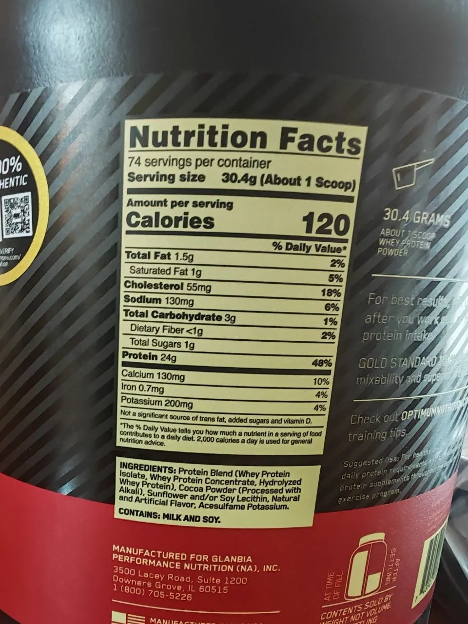 The Nutrition Facts panel on my Optimum Nutrition Gold Standard protein tub